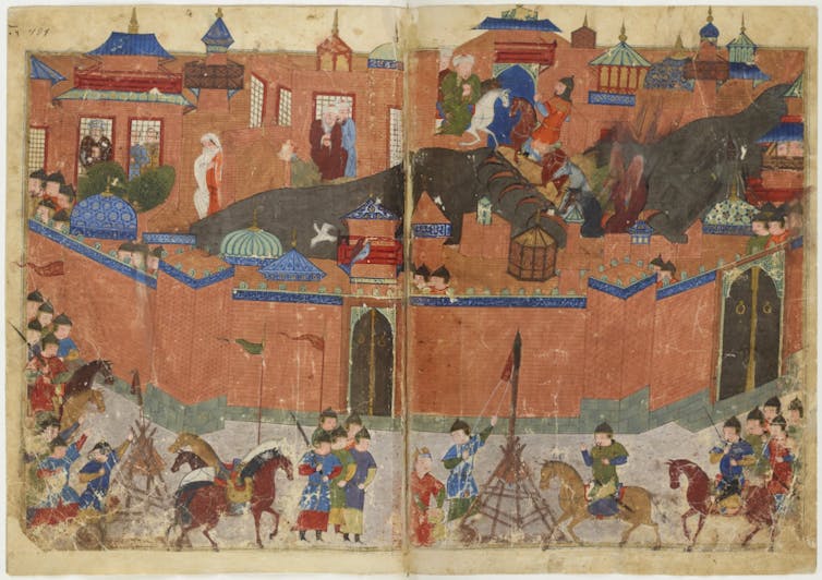 An artwork depicts the siege of Baghdad by Mongols. This painting by Persian historian Rashid-al-Din Hamadani formed part of a manuscript made in Iran around 1430 AD. It shows the 1258 siege of Baghdad by the Mongols, headed by Genghis Khan’s grandson Hulagu Khan. Bibliothèque nationale de France. Département des Manuscrits. Supplément Persan 1113