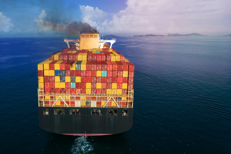 A large cargo ship sailing out to sea with smoke pouring out of its funnel.
