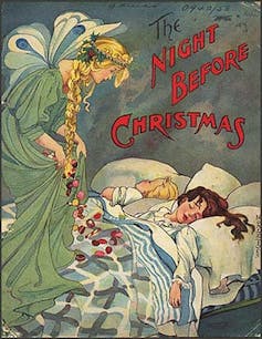 A fairy drops sugar plums on a bed with sleeping children.