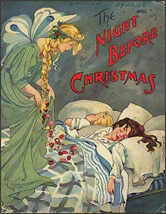 A fairy drops sugar plums on a bed with sleeping children.