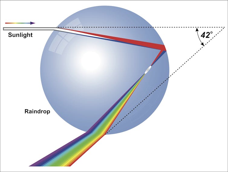 Diagram of light refracting when it travels through a raindrop.