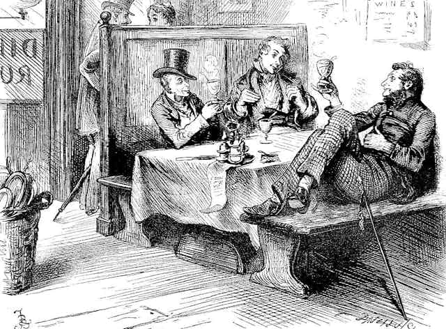 Illustrtation of men in a pub drinking hot drinks. 