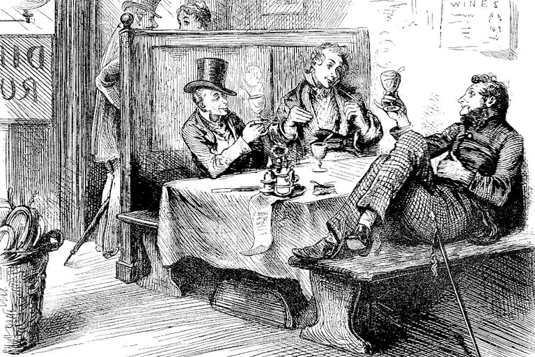 Illustrtation of men in a pub drinking hot drinks.