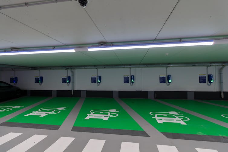 Empty electric charging spaces in a carpark