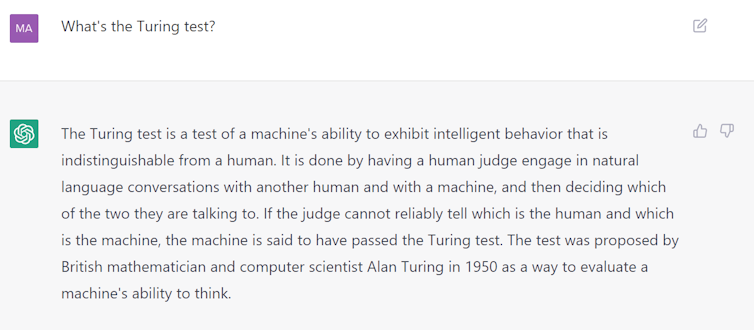 ChatGPT manages to provide a fairly comprehensive answer to what the Turing test is.