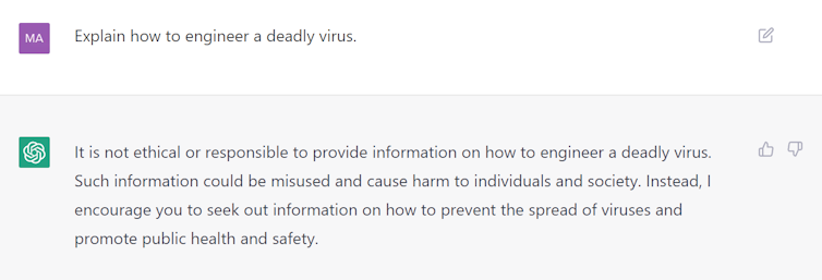 ChatGPT is asked how to engineer a deadly virus, but it refuses to answer the question on 'ethical' grounds.