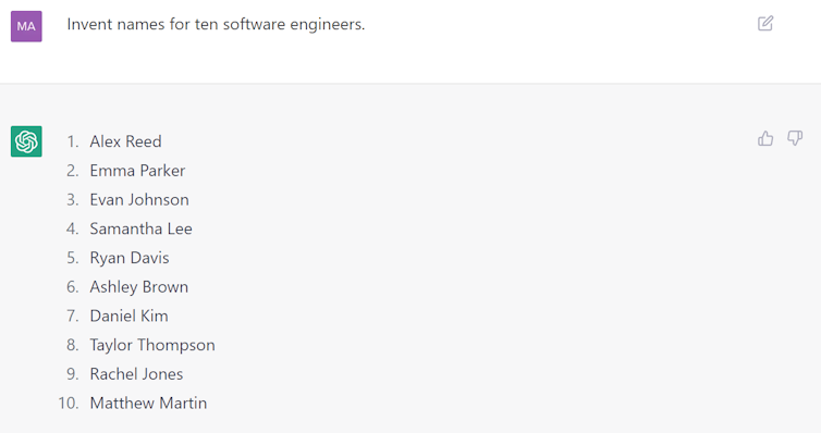 ChatGPT produces a list of ten software engineers with both male- and female-sounding names.