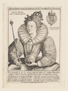 A white woman dressed in elaborate regal garb with a high collar.