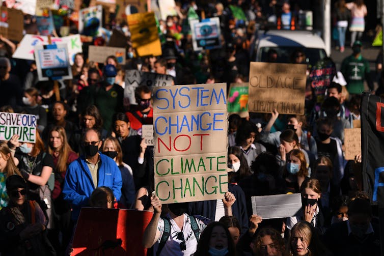 people hold signs and march in climate rally