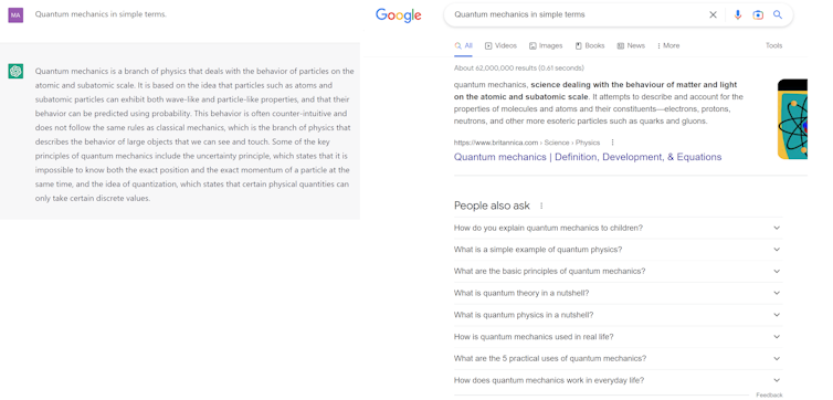 A side-by-side comparison shows the results from both ChatGPT and Google Search in response to the query 'Quantum mechanics in simple terms'.