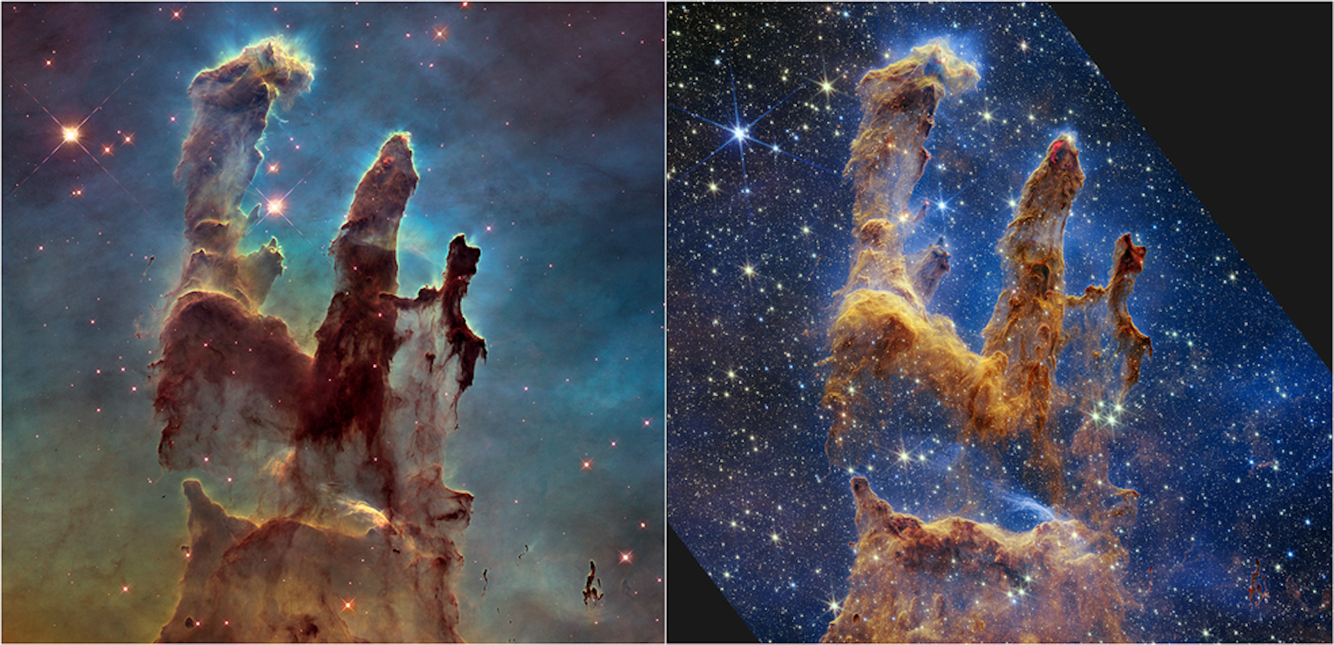 Two side-by-side images of finger-like protrusions on a multicoloured starry background, wth more detail visible on the right