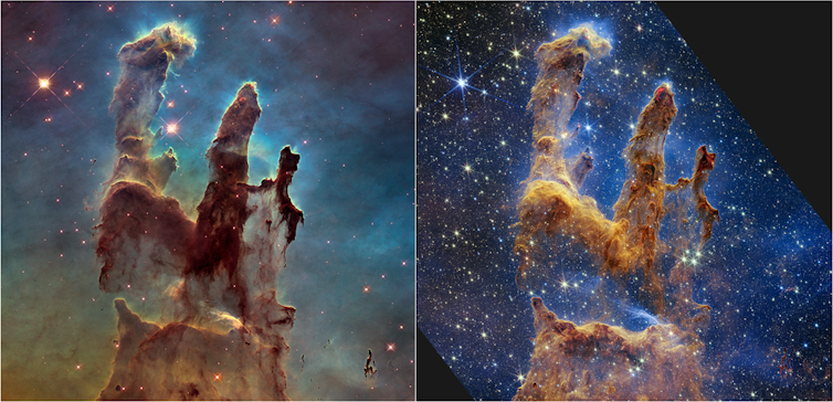 Deux images côte à côte de protubérances en forme de doigts sur un fond étoilé multicolore, avec plus de détails visibles à droite
