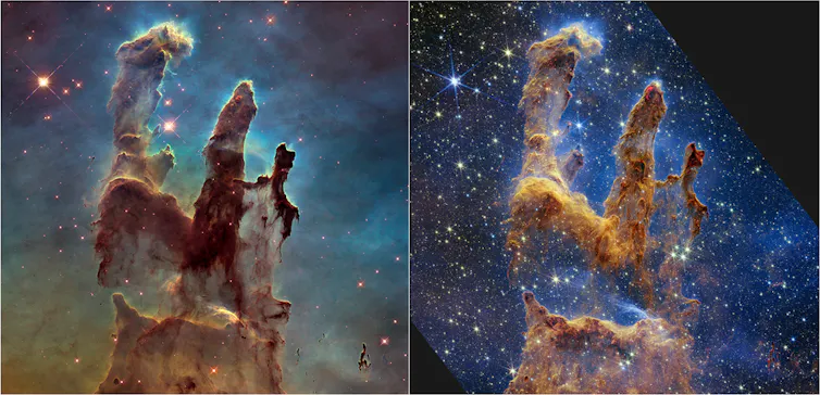 Deux images côte à côte de protubérances en forme de doigts sur un fond étoilé multicolore, avec plus de détails visibles à droite