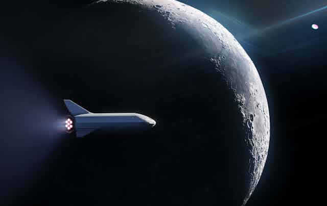 Artist's impression of Starship cruising past the Moon.