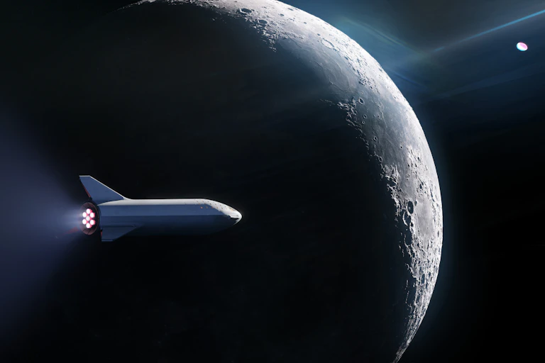 Artist's impression of Starship cruising past the Moon.