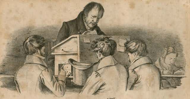 A sketch showing Hegel at a raised desk surrounded by male students.