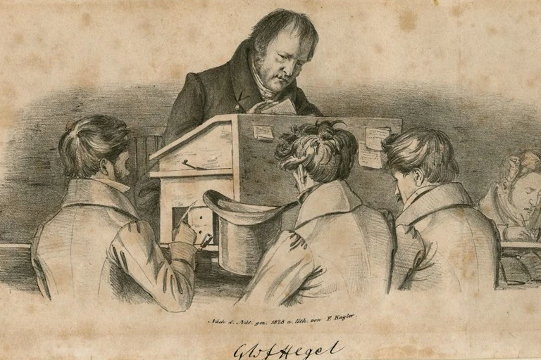 A sketch showing Hegel at a raised desk surrounded by male students.