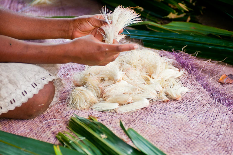 Gros plan sur des mains manipulant des fibres végétales