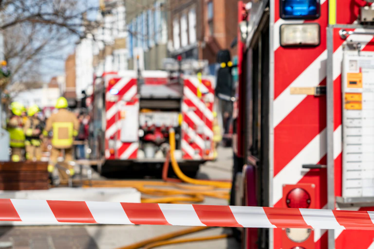 Firefighters blurred in the background of an outside rescue scene.