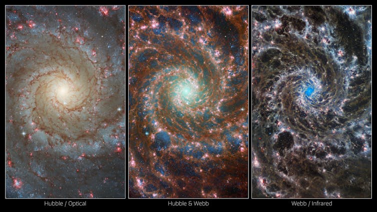 Three similar images of spiral galaxy in different colours, with the middle one providing the most detail