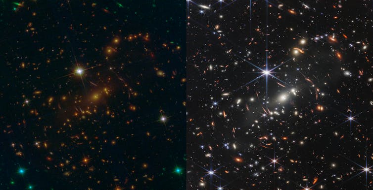 Two images of hundreds of dots of light on a dark background, with more visible on the right hand side