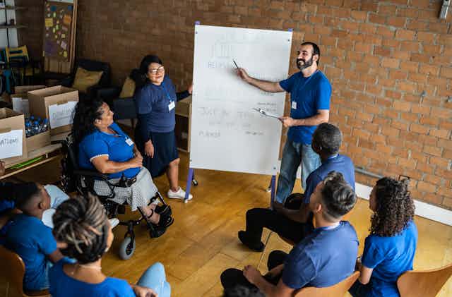 Man points to a whiteboard in a meeting where everyone in a diverse group wears blue shirts.