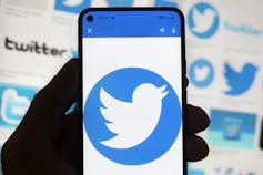 A phone in someone's hand displaying the Twitter logo.
