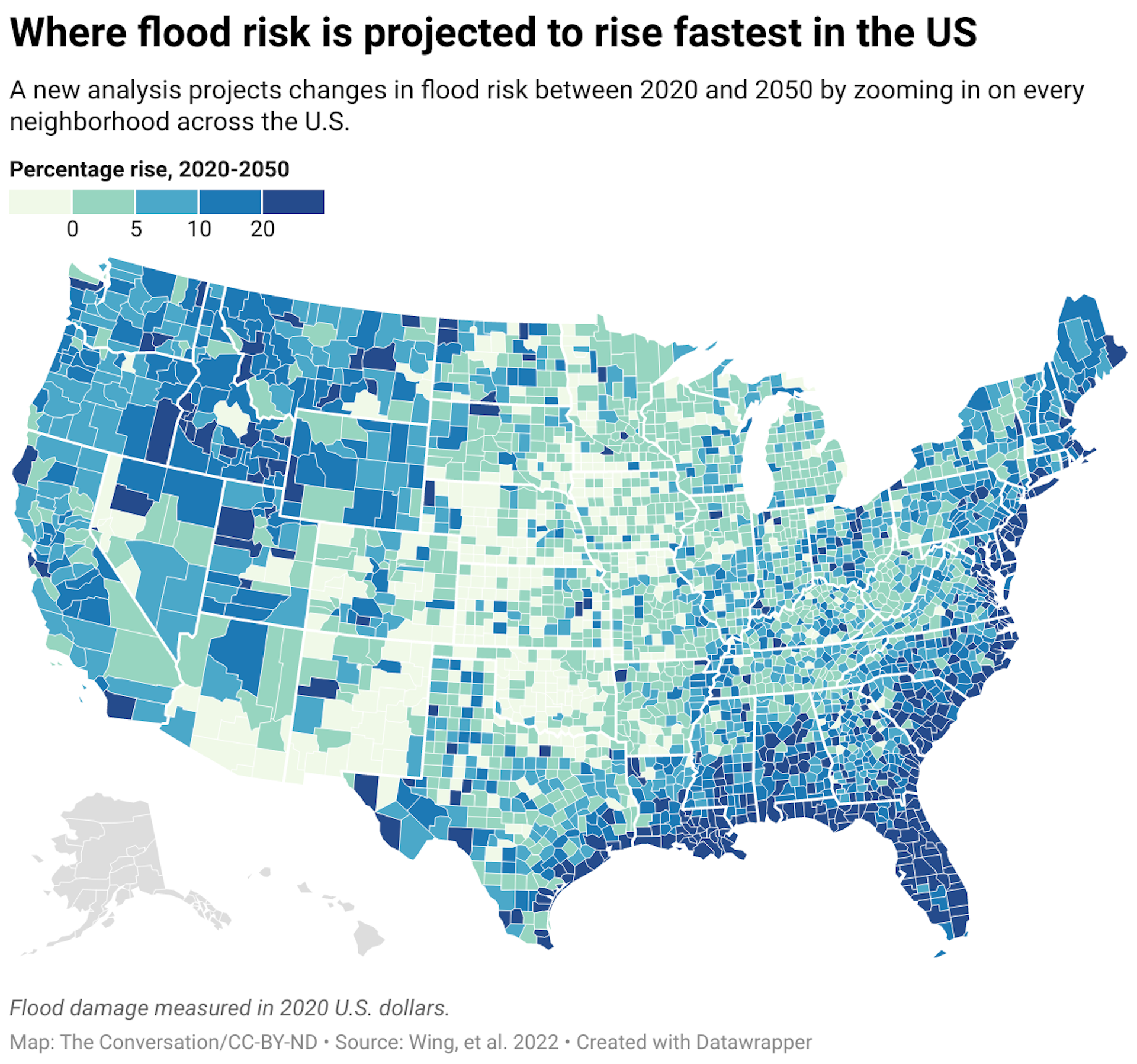A map of the United States with each county color coded according to projected changes in flood risk between 2020 and 2050.