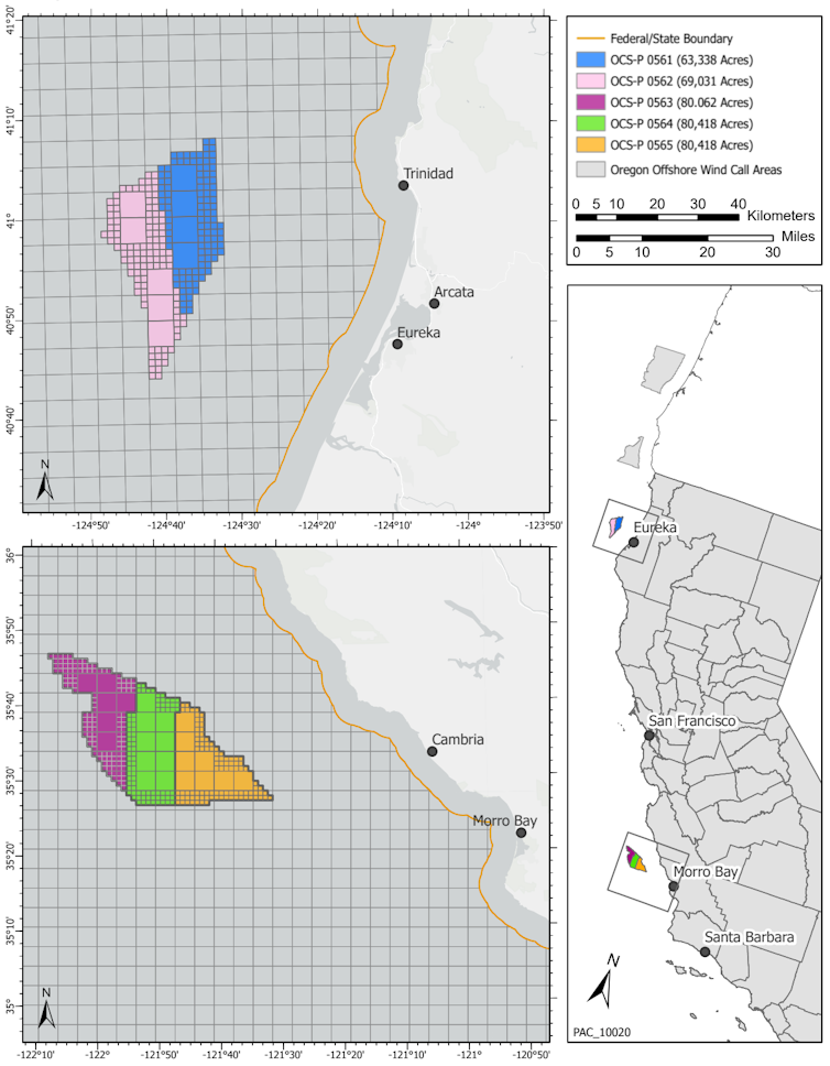 Maps showing the locations off Moro Bay, north of Santa Barbara, and Eureka, near the Oregon border.