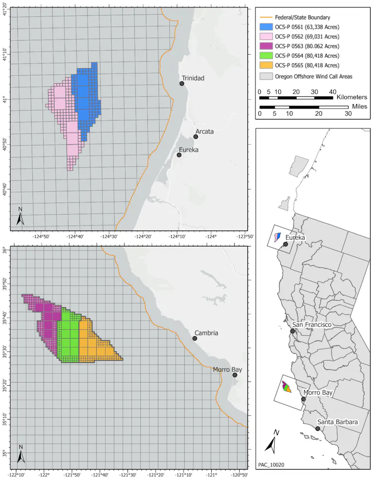 Maps showing the locations off Moro Bay, north of Santa Barbara, and Eureka, near the Oregon border.