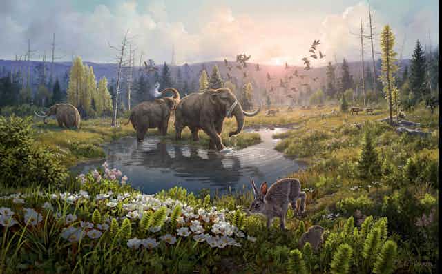 Illustration showing mastodon, hares, birds, trees and flowers in a sunlit landscape.