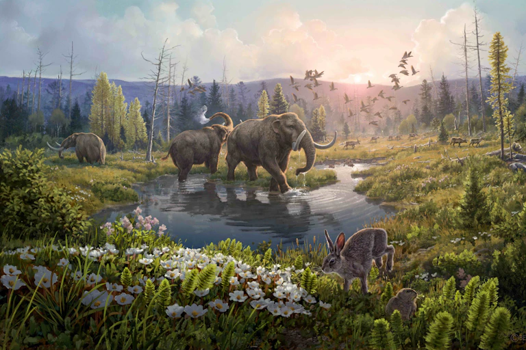 Illustration showing mastodon, hares, birds, trees and flowers in a sunlit landscape.