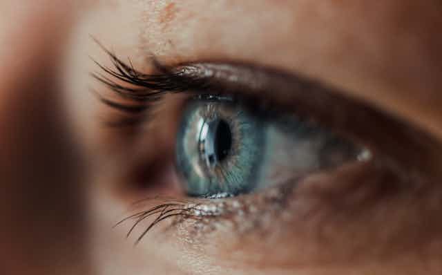 Close-up of a human eye with grey-blue colouring and visible eyelashes