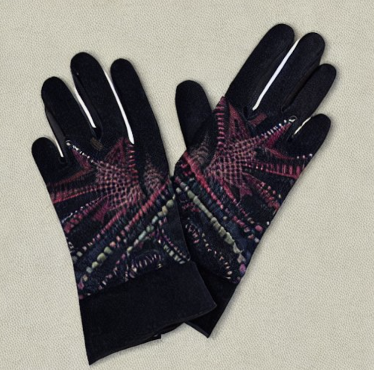 a pair of purple latex gloves with a rubber fractal pattern dotted on one side