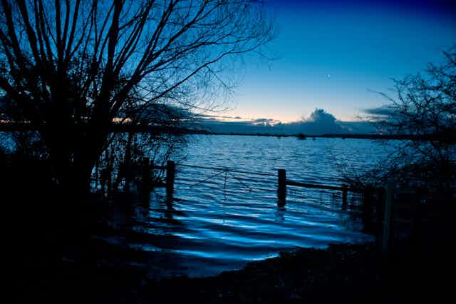 A gate to a field which is submerged due to flooding.