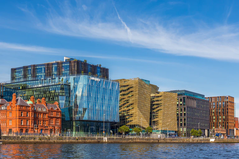 A mix of old and new buildings. Modern Dublin Docklands or Silicon Docks. River Liffey Waterfront.