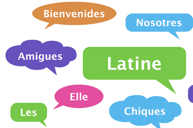 Text bubbles in different colors featuring different Spanish words.