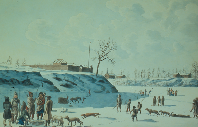 A watercolour painting of Swiss settlers and Indigenous people ice fishing together