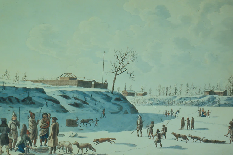 A watercolour painting of Swiss settlers and Indigenous people ice fishing together