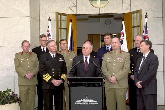 Prime Minister John Howard announcing Peter Cosgrove as the new Chief of the Defence Force, Parliament House, Canberra, May 2002. 