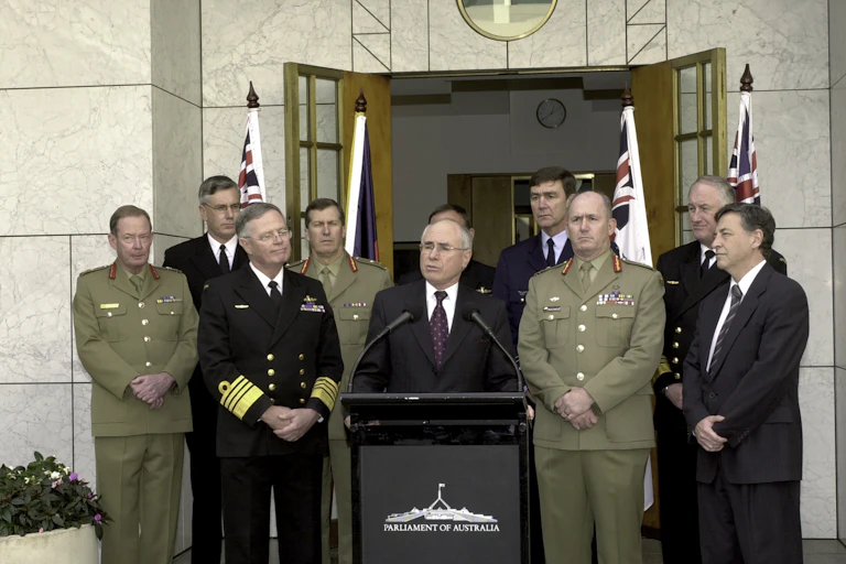 Prime Minister John Howard announcing Peter Cosgrove as the new Chief of the Defence Force, Parliament House, Canberra, May 2002.