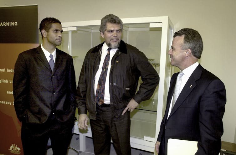 Indigenous Education Ambassadors Michael O’Loughlin (left) and Reverend Shayne Blackman (centre) meet with Dr Brendan Nelson to discuss the National Indigenous English Literacy and Numeracy Strategy in 2002.