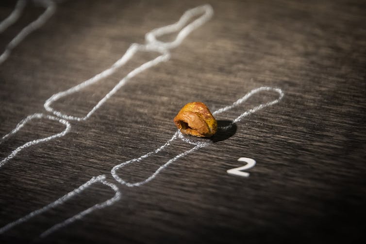 The outline of a skeleton finger on a dark surface with a small, orange bone sitting atop one knuckle