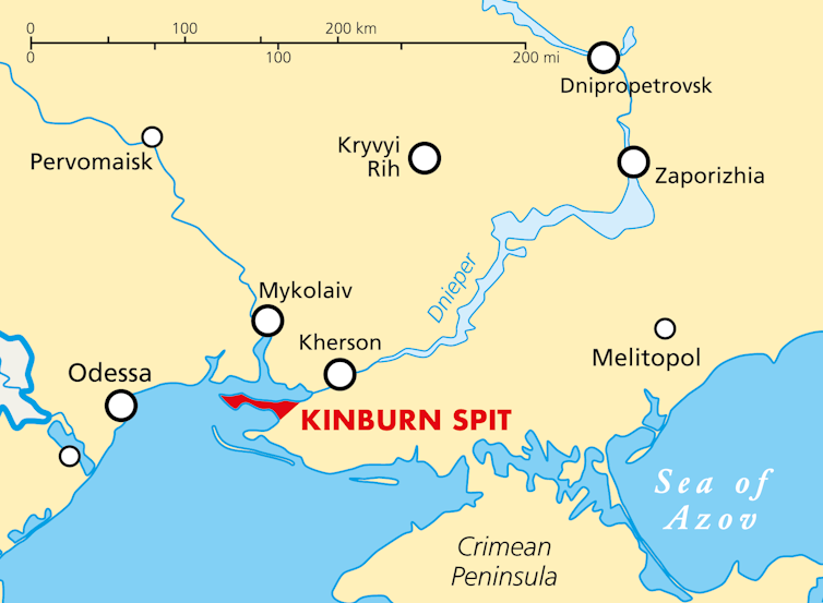 A map showing the Kinburn Spit