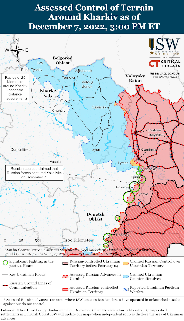 Map showing the the line between Ukrainian- and (blue) Russian-held (red) territory running through Kherson.