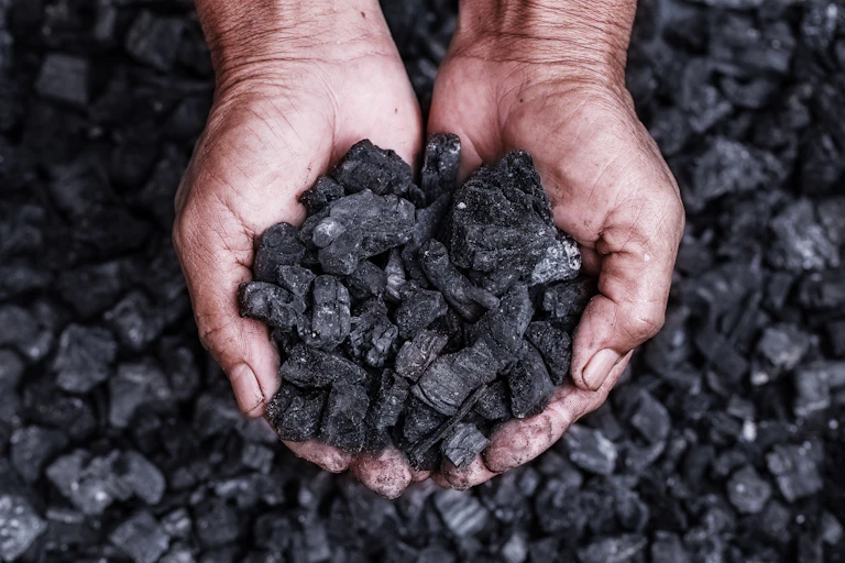 A pair of cupped hands filled with coal.