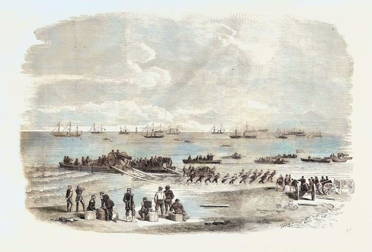 Engraving showing troops landing supplies on the Kinburn Spit during the Crimean War.
