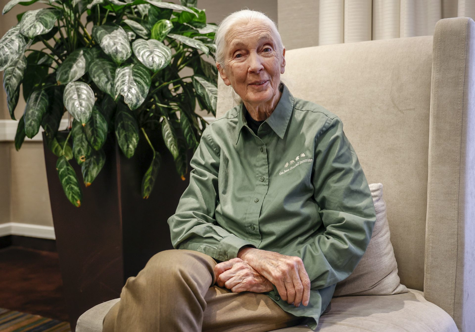 An older woman wearing a green button-down shirt sits in a beige armchair