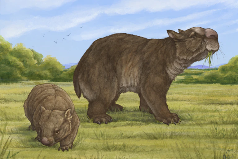 A coloured drawing of a large brown animal with a stumpy tail and large fleshy nose standing in the grass