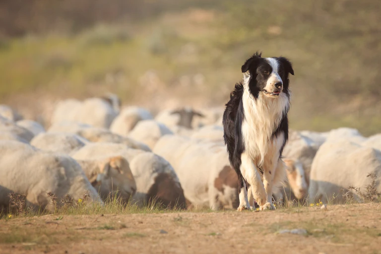 Border collie in front of sheep